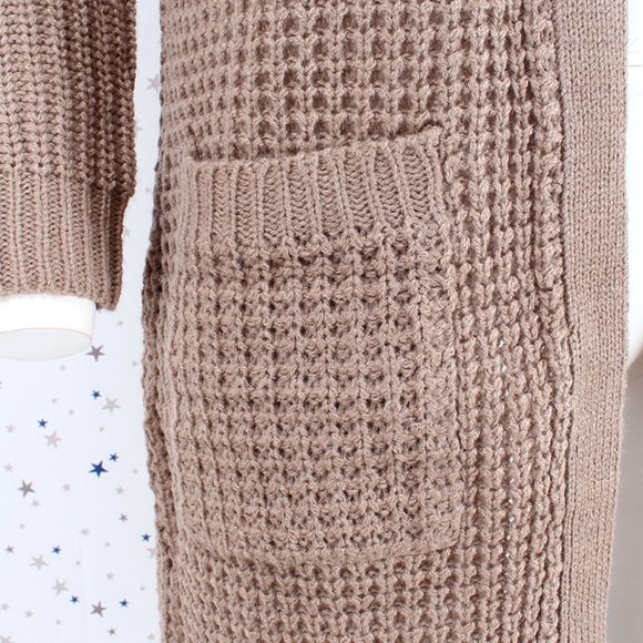 Waffle Knit Duster Long Sweater Cardigan Tan/Khaki - Picture 3 of 7